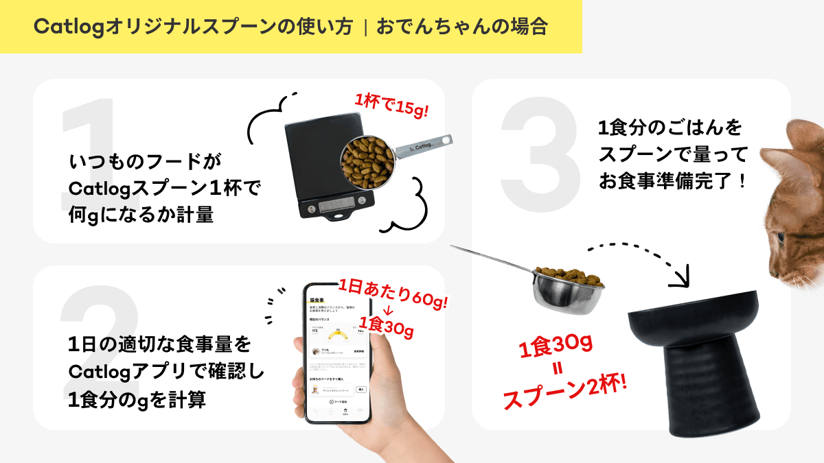 Catlogスプーンの使い方 おでんちゃんの場合  1.いつものフードがCatlogスプーン1杯で何g��になるか計量　例：1杯で15g！ 2.1日の適切な食事量をCatlogアプリで確認し1食分のgを計算 例：1日あたり60g！→1食30g 3. 1食分のごはんをスプーンで量ってお食事準備完了！例：1食30g = スプーン2杯！
