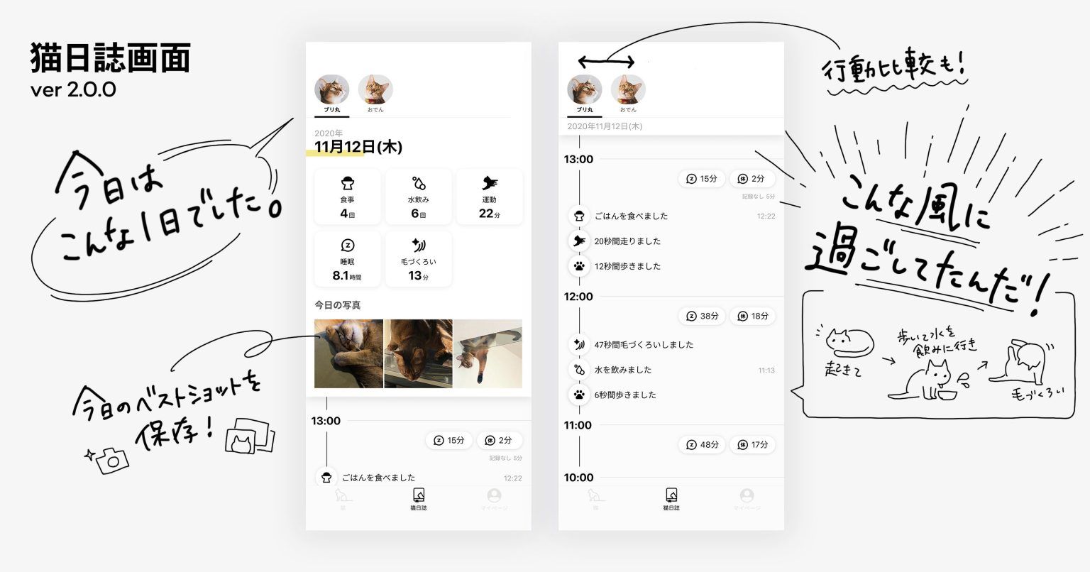 猫日誌画面 ver 2.0.0 「今日はこんな1日でした。」　写真追加エリアで今日のベストショットを保存！複数猫様がいる場合、行動比較も！こんなふうに過ごしてたんだ！起きて、歩いて水を飲みに行き、毛づくろい